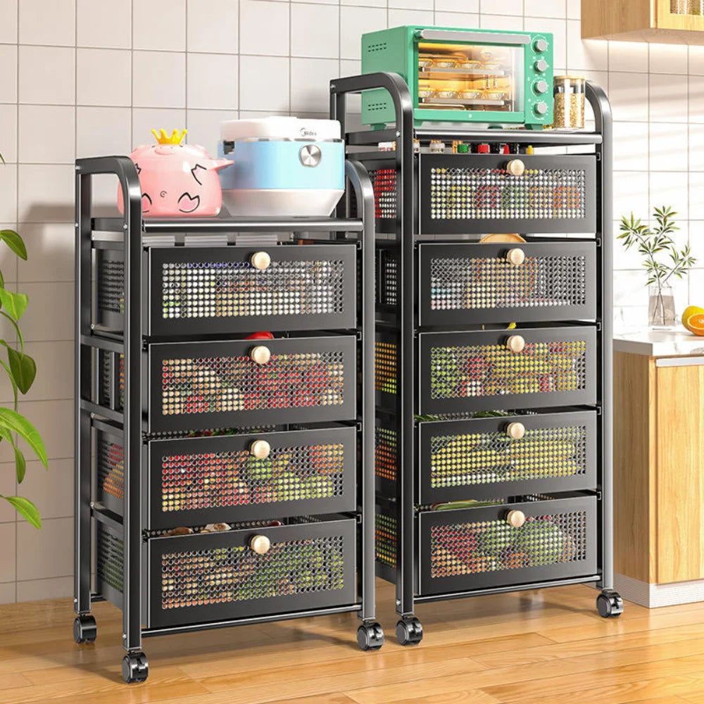 Kitchen Shelf With Drawer Multifunctional Storage Rack Fruits Vegetables Storage Cart Organizer With Wheels Bar Carts Cabinets