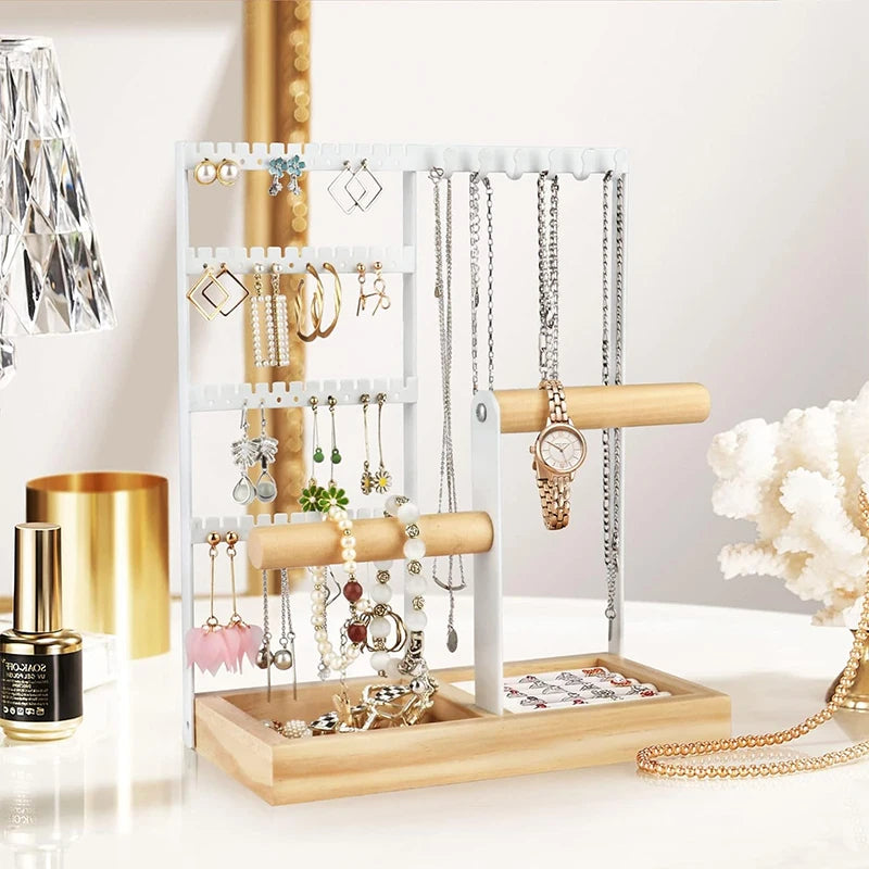 Jewelry organizer, earring holder organizer, 6 hook necklace organizer, jewelry holder with ring and bracelet holder (white)