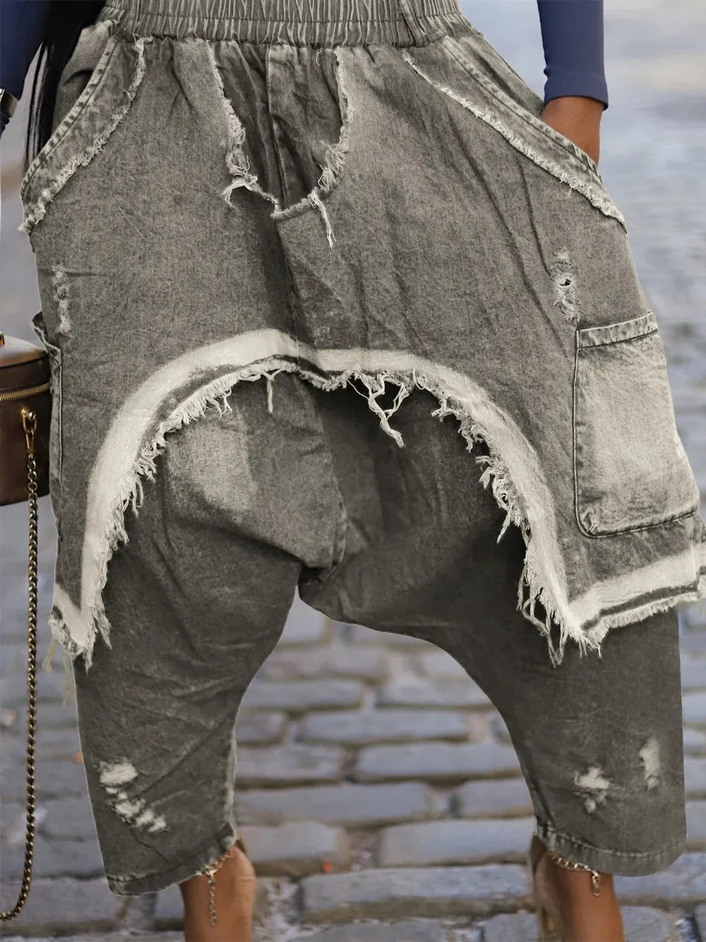 Women Jeans Harem Pants Hip Hop Punk Denim Pant Hole Elastic Waist Washed Distressed Pockets Streetwear 2025 Ripped Trousers