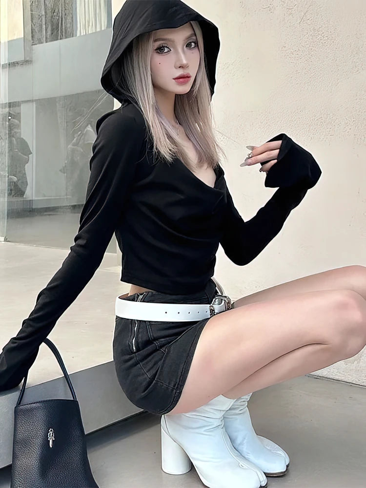 Vintage Hoodie Long sleeve T shirt Women Y2k Gray Off shoulder Top Sexy Cropped Tees Shirt Basic Blouse 2025 Fashion Streetwear