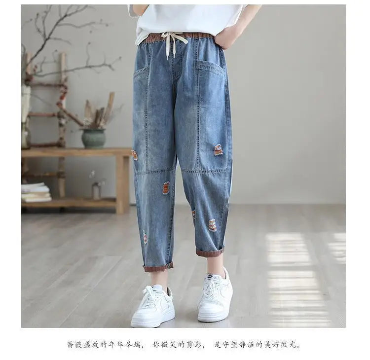 Nine Point ripped Jeans For women Summer 2025 new Loose Thin Elastic waist Casual Harem pants Female denim Ankle Length pants