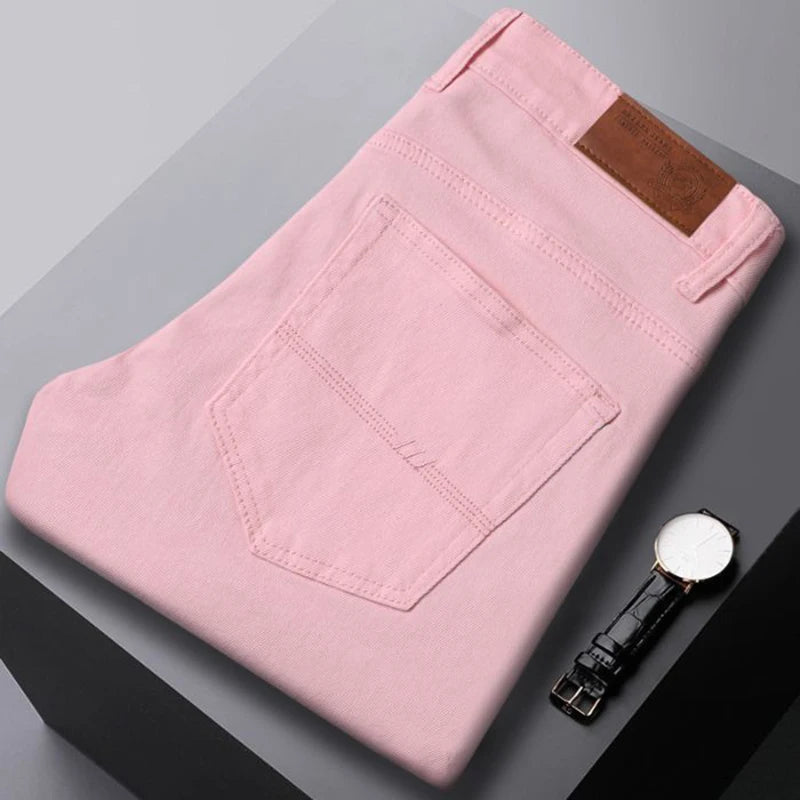 New Autumn Men's Yellow Pink Red Slim Jeans Classic Straight Elasticity Denim Pants Male Brand Stretch Skinny Colorful Trousers
