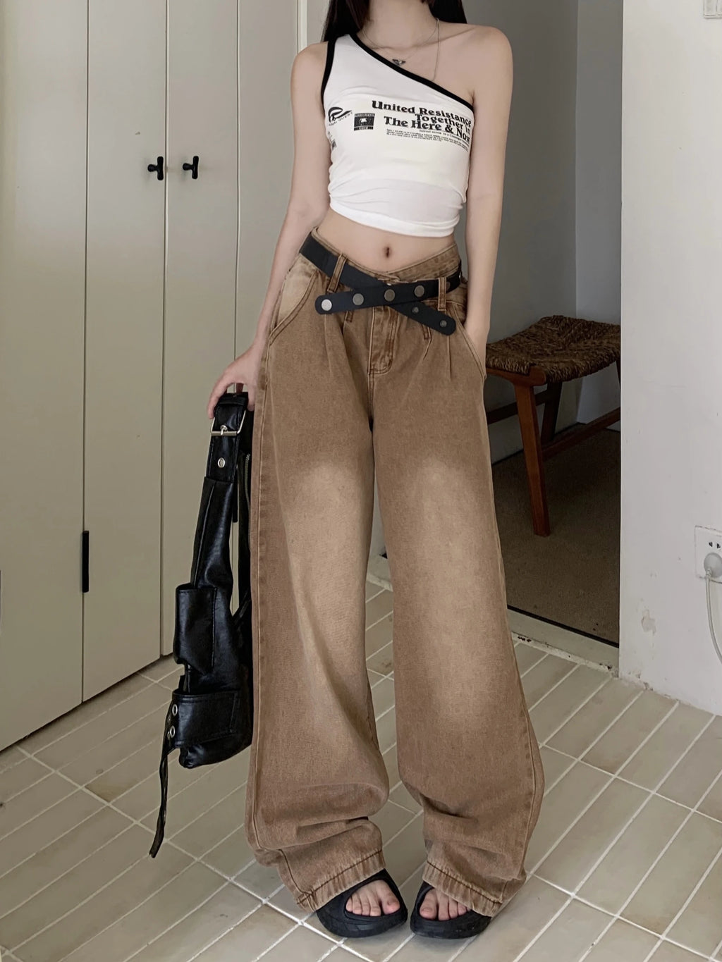 New Solid Color Slim Belt Women Jeans Simple Basic Dark Brown Straight Pants Chicly Fashion Street Casual Loose Woman Jeans