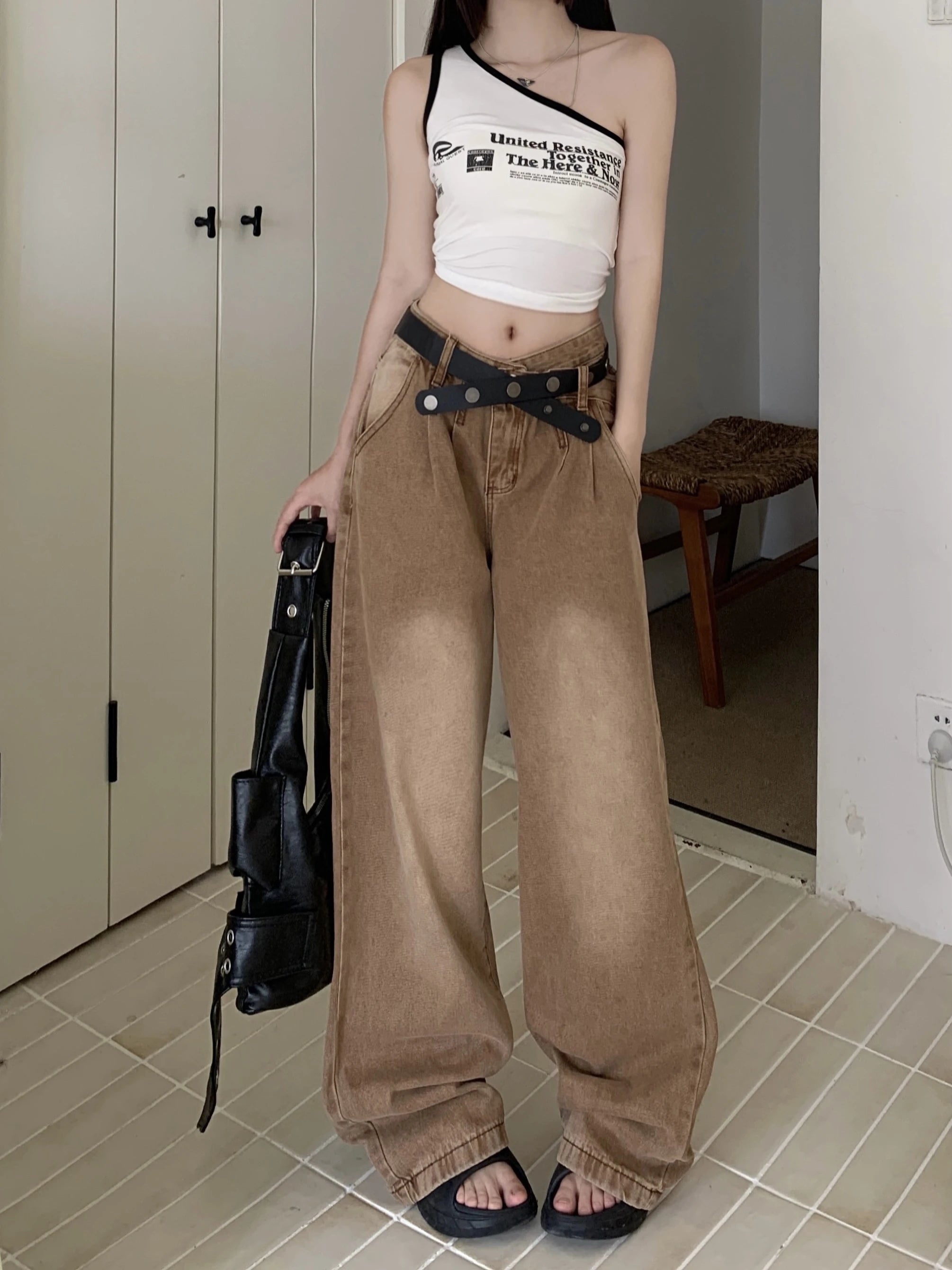 New Solid Color Slim Belt Women Jeans Simple Basic Dark Brown Straight Pants Chicly Fashion Street Casual Loose Woman Jeans