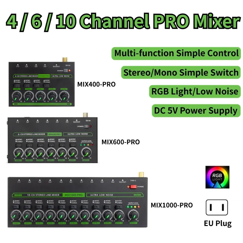 DC 5V 4/6/8 Channel Mini Sound Mixer Ultra Low Noise Line Mixer Power Supply Easy Operation Audios Mixer with RGB Lighting