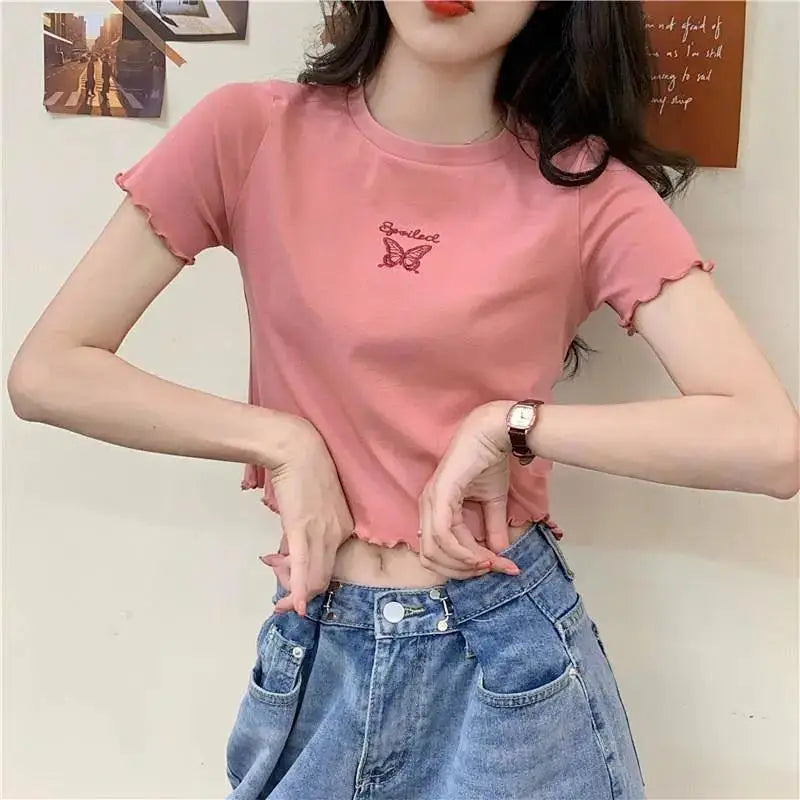 Y2K Crop Top T-shirt Women O-neck High Waist Slim Crop Top Butterfly Embroidered Short-Sleeved Tee Shirt T-shirts  Woman Clothes