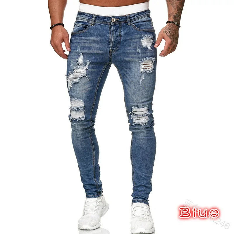 Mens Skinny Ripped jeans Slim scarification Blue Denim Pencil Pants Street hip-hop denim trousers fashion cowboy clothing men