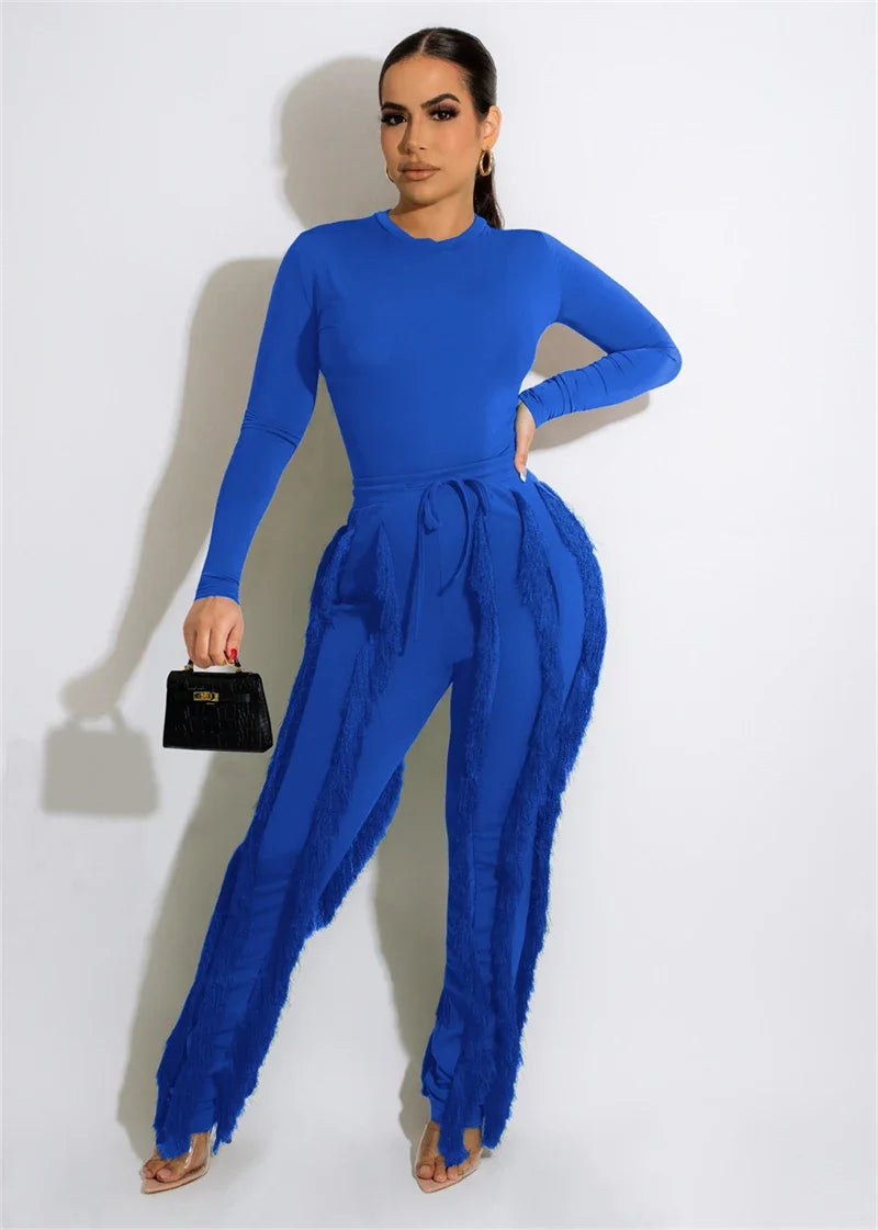 Elegant 2 Piece Sets Women Outfit 2025 Fall Winter Long Sleeve Bodysuit Top and Tassel Pants Matching Sets Ensembles Pantalons