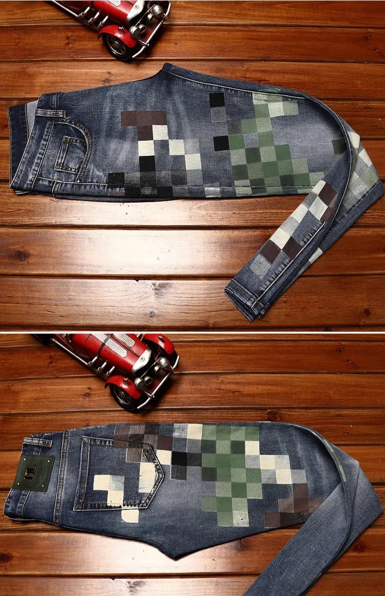 Trendy design mosaic printed jeans for men's fashionable summer thin casual and handsome elastic denim slim fit small leg pants