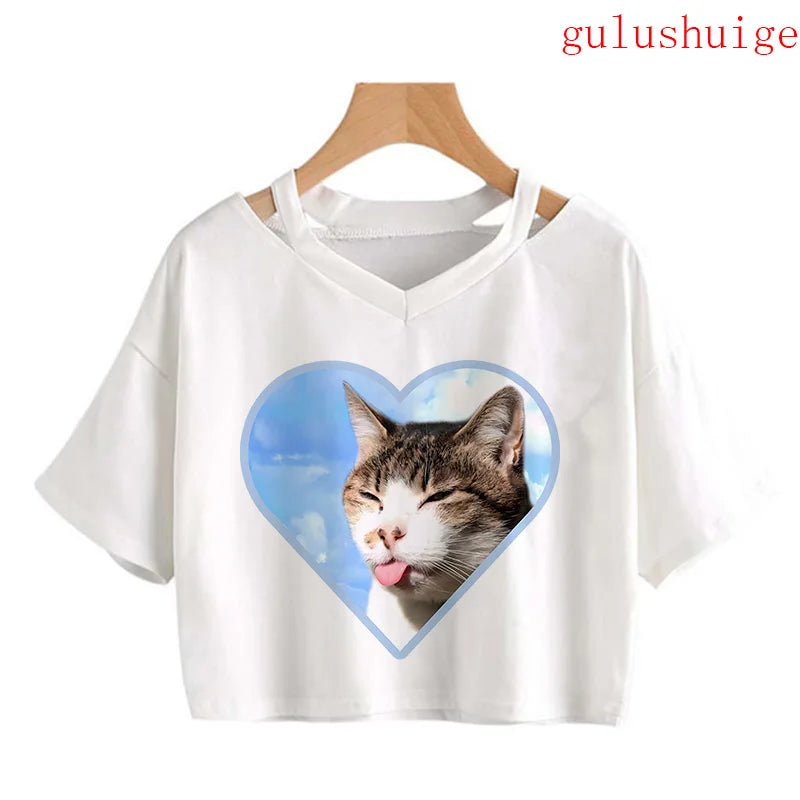 Y2k Crop Top Funny Cute Cat T Shirt Women Shirt Cropped Harajuku Graphic Ulzzang T-shirt 90s Tshirt Top Tee Female Gothic