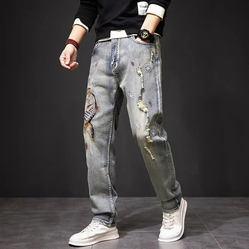High-End Embroidered Vintage Ripped Denim Jeans Men's Trendy Brand New 2025 Slim Straight Large Size Elastic Long Pants
