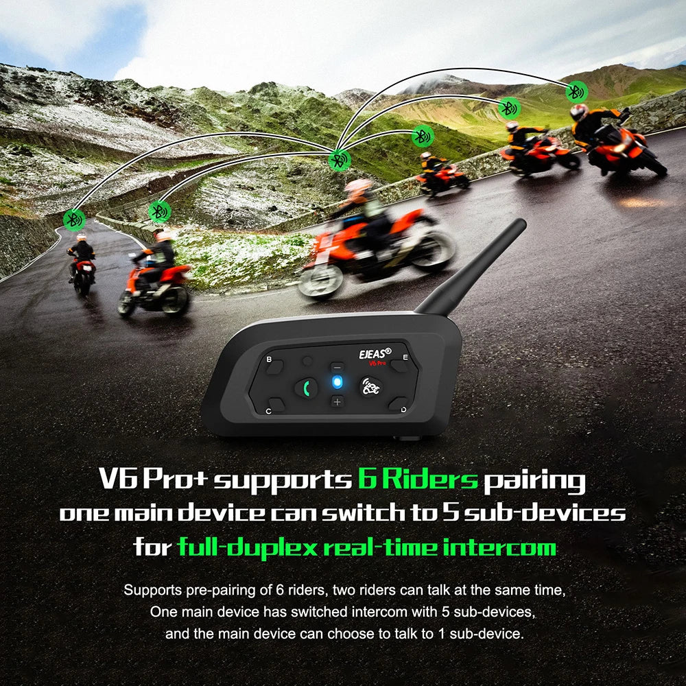 EJEAS V6 PRO+ Motorcycle Bluetooth Helmet Headset Intercom 850mAh MOTO Communicator 800m Interphone for 6 Riders IP65 Waterproof