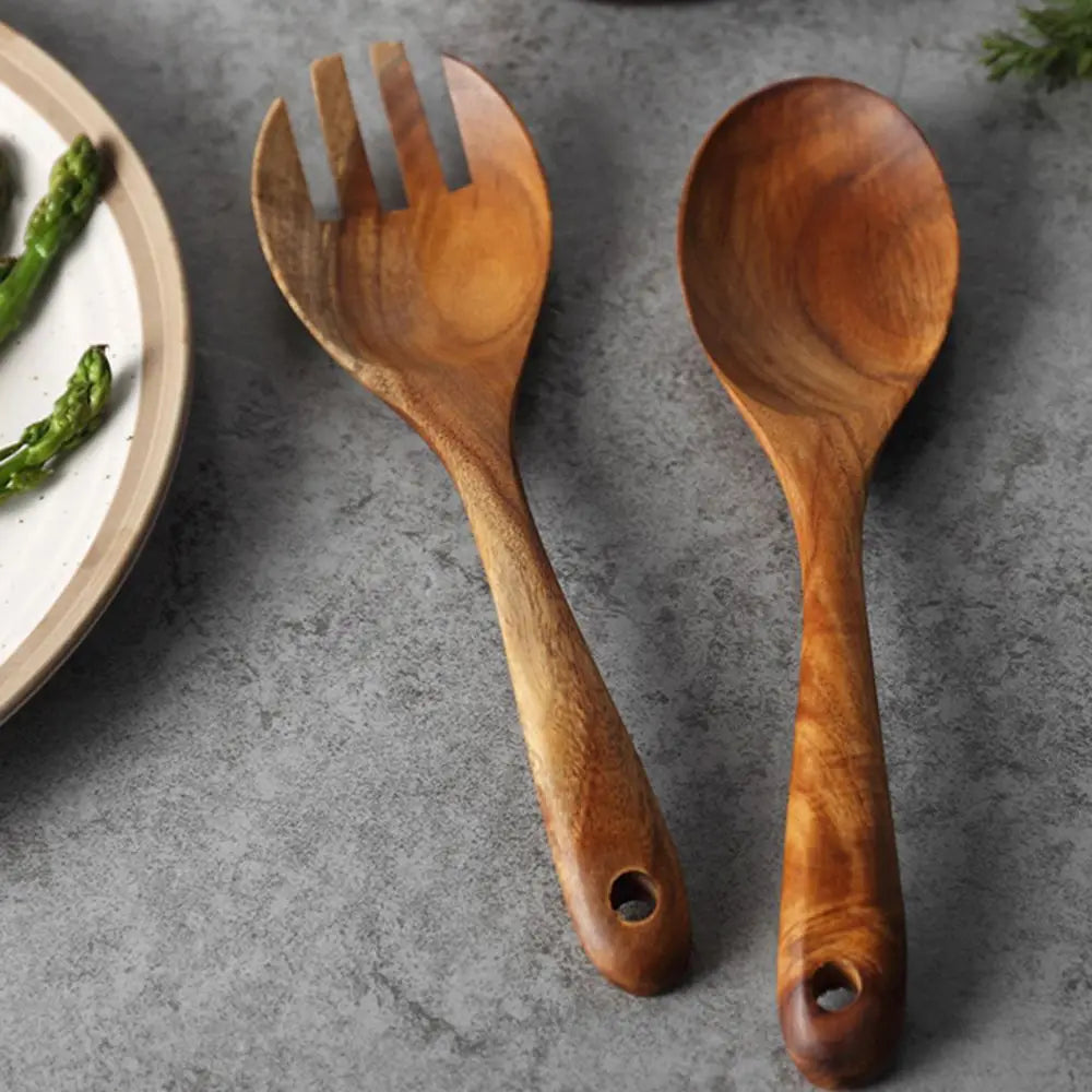 Cooking Mixing Salad Cutlery Utensils Kitchen Tools Dinner Tableware Large Spoons Fork Wooden Spoon