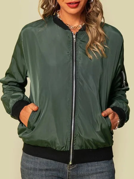 Women Bomber Casual Jacket 2025 Spring Autumn Solid Color Spring Coat Long Sleeve Stand Collar Zipper Basic Motorcycle Jackets
