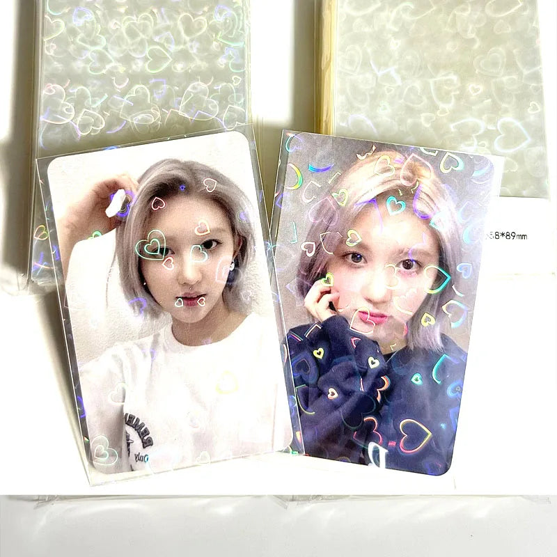 50PCS Laser Heart fireworks butterfly Flashing Holographic Transparent Clear Card Film Sleeves Super Idol Photo Protector Cover