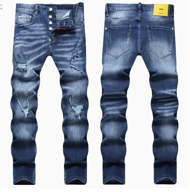 Men Ripped Skinny Denim Jeans Blue Holes Jeans Italian Style Stretch Denim Pants High Quality Male Slim Fit Denim Trousers  38
