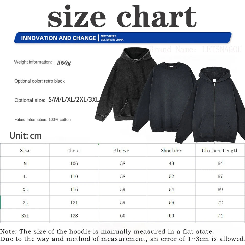 100% Cotton Men's Clothing Vintage Black Acid Wash Hoodies Men Women Oversized Hip Hop Sweatshirts Casual Pullover Y2K Clothes