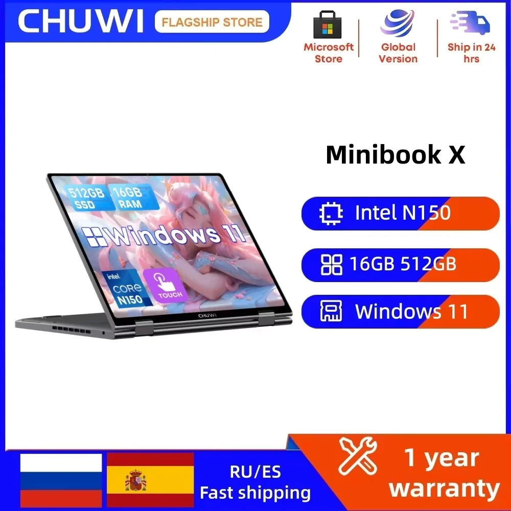 CHUWI MiniBook X Intel N150 2-in-1 Tablet Laptop 16GB LPDDR5 512G SSD 10.51'' 2K FHD WiFi6 BT5.2 Ultra-slim Touch Screen Laptop