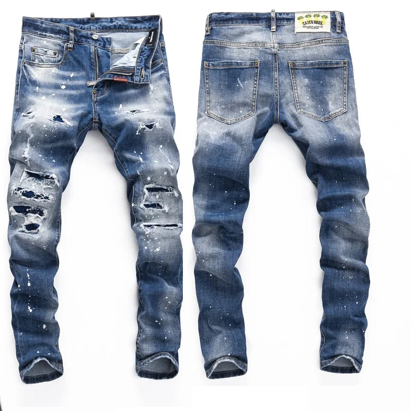 European  Fashion Brand Men Italy Jeans Pants Design Cool Top Jeans Men Slim Jeans Denim Trousers Blue Hole Pants Jeans for Men