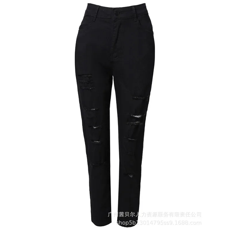Denim Skinny Ankle-Length Pants Ripped Y2K Women's High Waist Summer Jeans Stretch Ripped Ankle-Tied Denim Trousers Jean