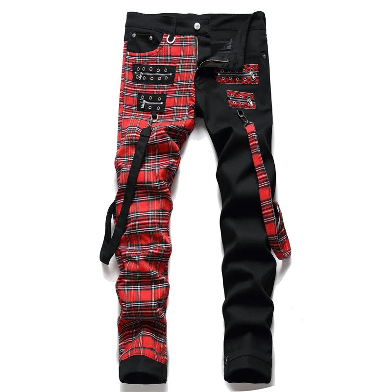 Jeans Men New Suspender Color Blocking Slim Fit Hip-hop Personality Funny Design for Men's Denim