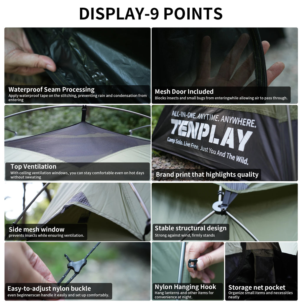 TENPLAY Ultra-Lightweight Instant Pop-Up Single-Person Tent, 3000mm Waterproof, 50UPF, for Camping, Hiking, Fishing, Backpacking