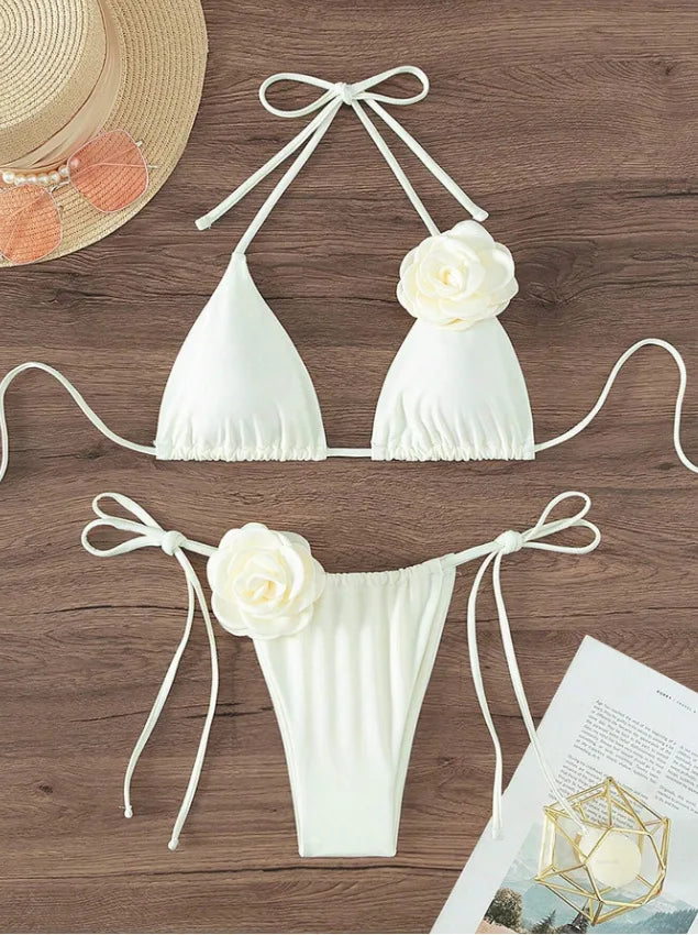 Sexy Bikini Set Women Swimsuit Black White 3D Floral Print Micro Bikinis Brazilian Cutout Beach Bathing Suit Thong Swimwear