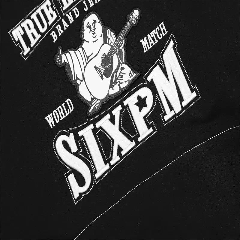Embroidered Cotton Hoodie Men Vintage Hip Hop Streetwear Oversized Pullover Sweatshirt Women Unisex Casual Hooded Loose Black