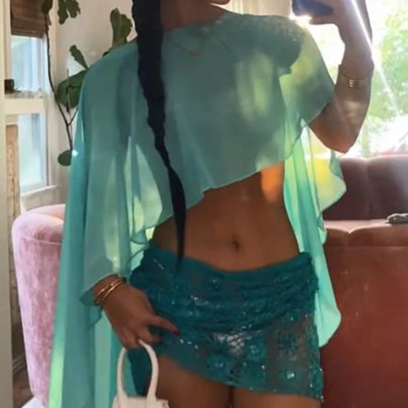 Women Mesh Sheer Poncho Crop Tops Y2k Lightweight Pullover Cape Cover Ups Chiffon Dressy Wrap Bolero Shrug Sun Protection