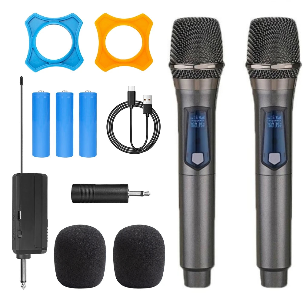Wireless Microphone 2 Channels UHF Dual Handheld Dynamic Microphone with Rechargeable battery For Karaoke Party Home Meeting