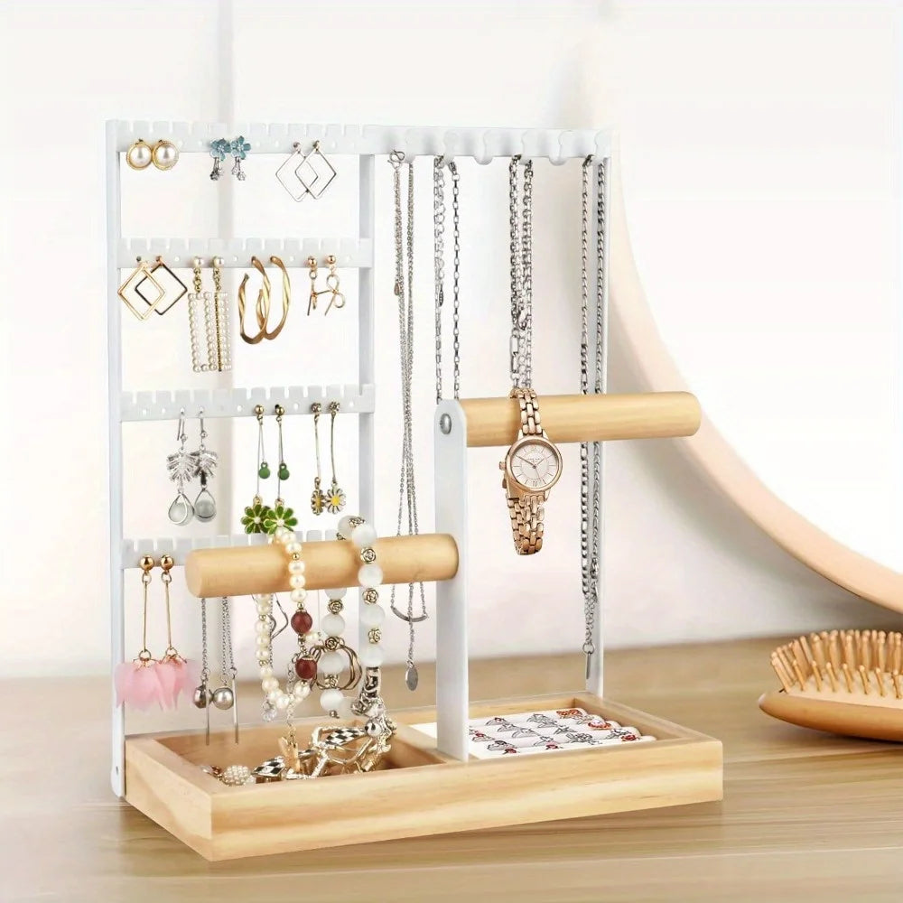 Jewelry organizer, earring holder organizer, 6 hook necklace organizer, jewelry holder with ring and bracelet holder (white)