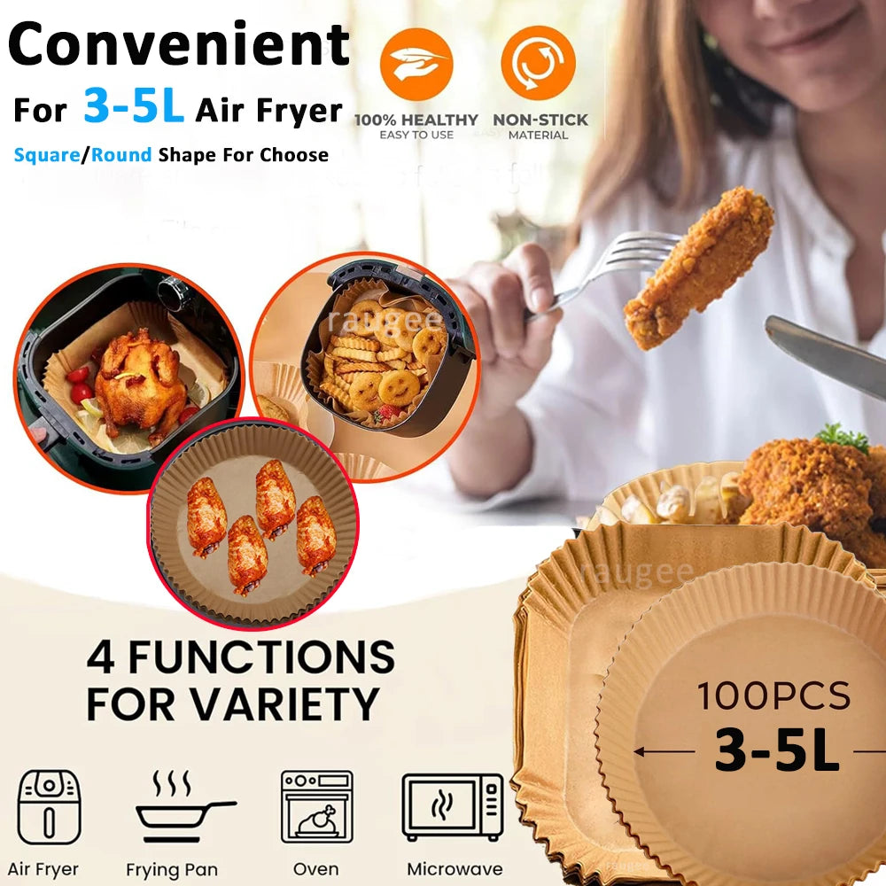 Air Fryer Liners Disposable 100pcs Parchment Paper Square Liners Round Liners Free of Bleach Non-Stick Oil-proof and Waterproof