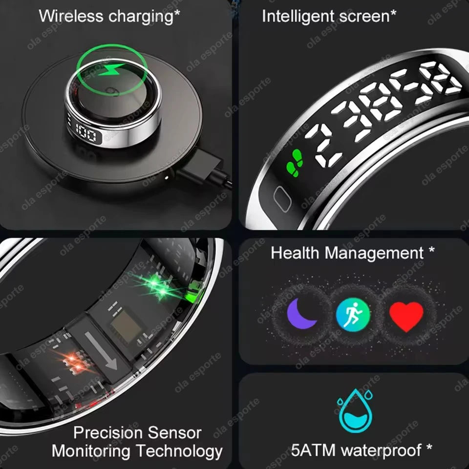 New Smart Ring Touch Screen Health Manager Heart Rate/Blood Oxygen Monitor Wireless Charging IP68 5ATM Waterproof for Universal