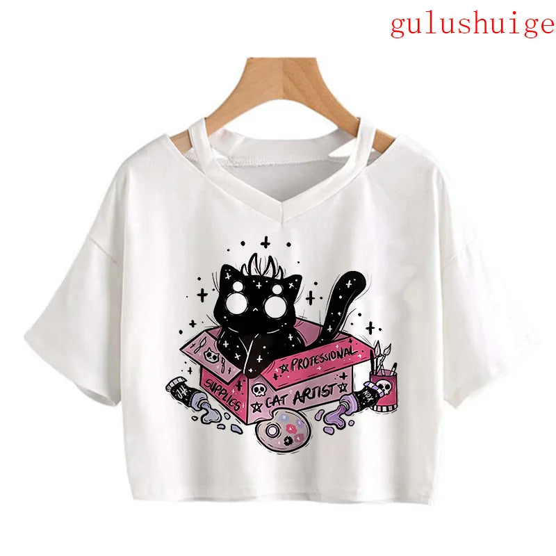 Y2k Crop Top Funny Cute Cat T Shirt Women Shirt Cropped Harajuku Graphic Ulzzang T-shirt 90s Tshirt Top Tee Female Gothic