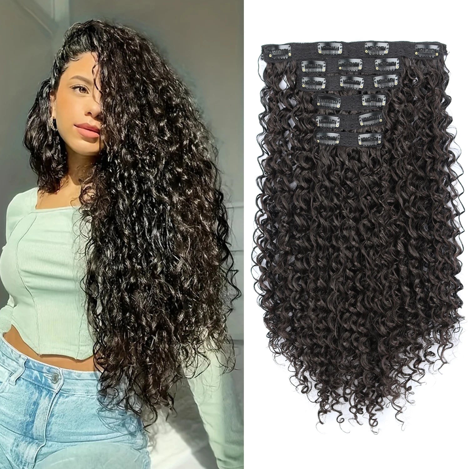 Synthetic Kinky Curly 16 Clip In Hair Extensions Full Head Fake Pieces Black Brown Hair Extensions Suitable For Women To Wear