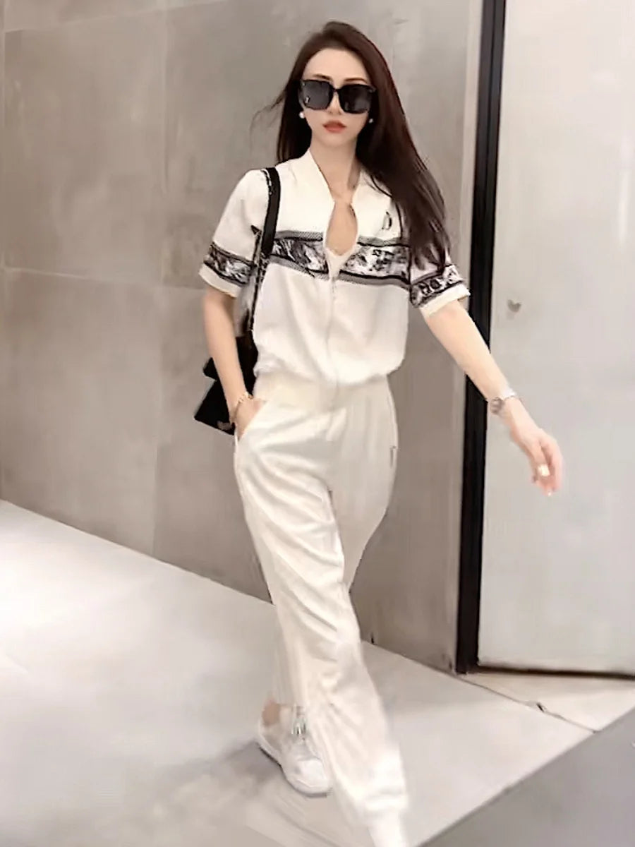 French Women Casual 2 Piece Sets Cool Ice Silk Comfortable Summer Zipper Short Sleeve Jacket Coat and Sweatpants Loose Sports