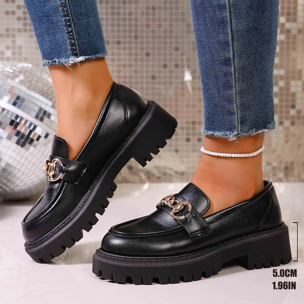 British Style Large Size Women's Shoes round Toe Thick Heel Slip-On Loafers Casual Comfortable Footwear for Daily Wear