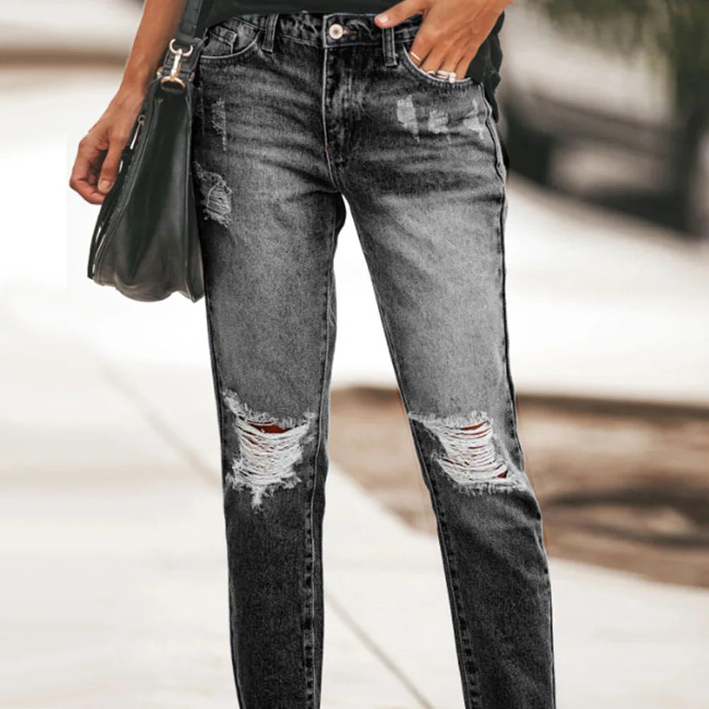New Women's Slim Jeans Fashion Casual Ripped Denim Pants Spring Autumn Office Lady Work Trousers High-waisted Straight Jeans