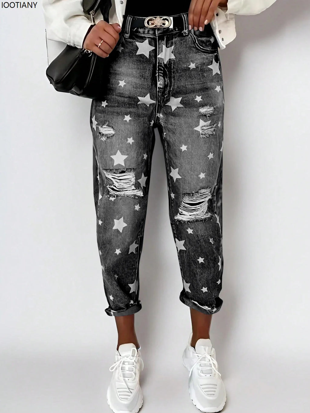 New Boyfriend Jeans Women's Slim Fit Ripped Jeans Fashion Women's Five-pointed Star Ripped Jeans Street Casual Blue Jeans 2025