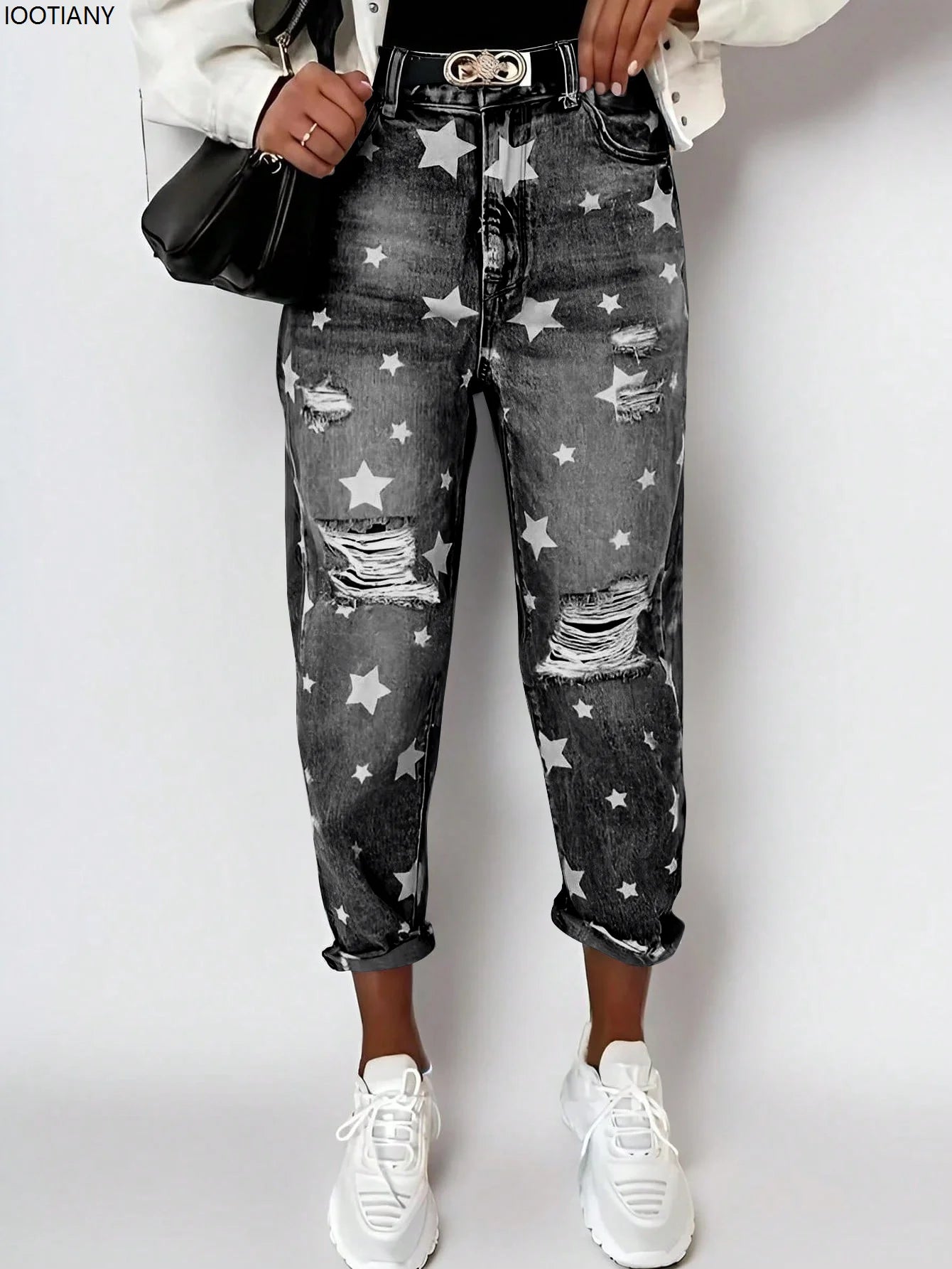 New Boyfriend Jeans Women's Slim Fit Ripped Jeans Fashion Women's Five-pointed Star Ripped Jeans Street Casual Blue Jeans 2025