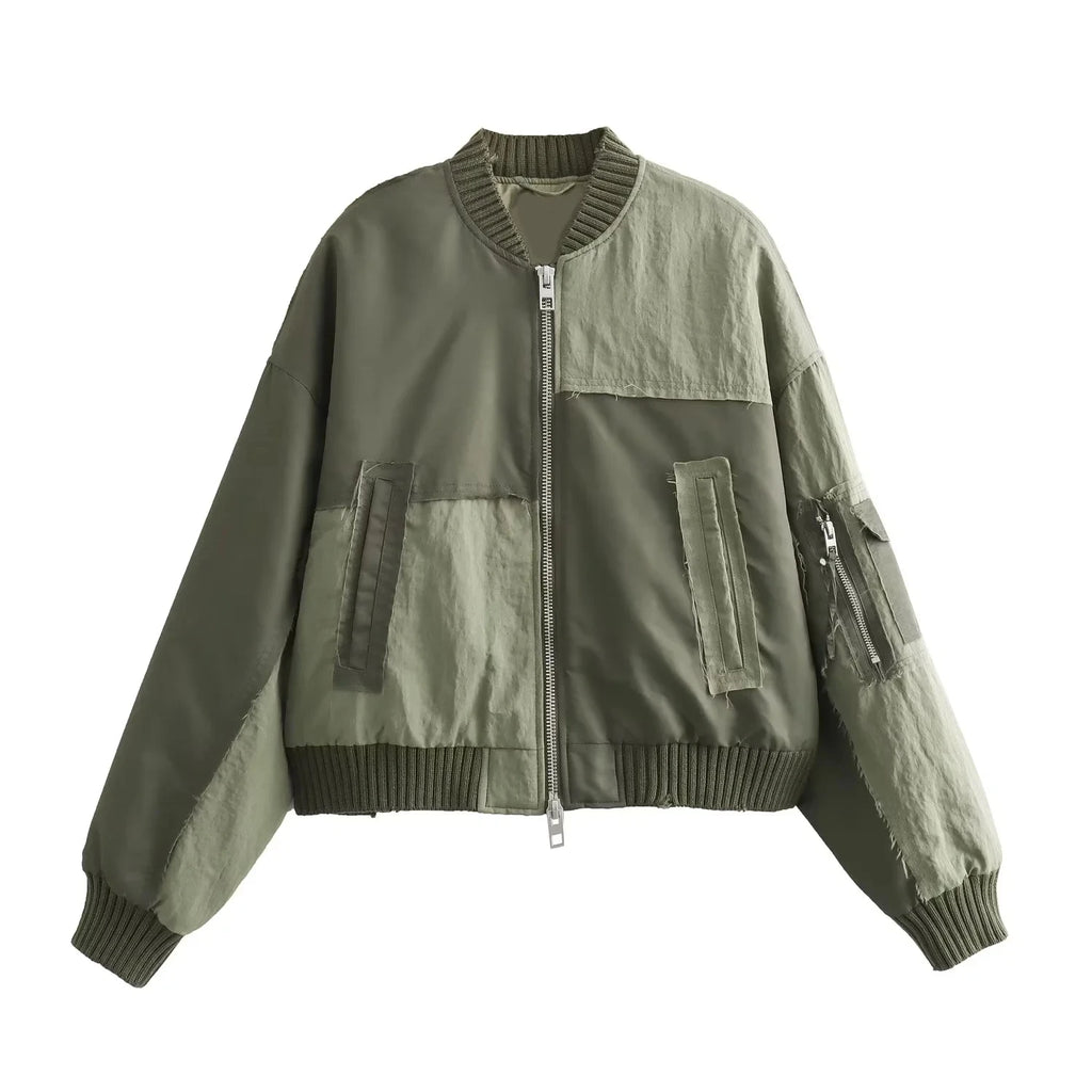 Streetwear Armygreen Bomber Jackets Women Patchwork Zipper Pockets Oversized Jackets Fashion 2025 Winter Autumn Coats