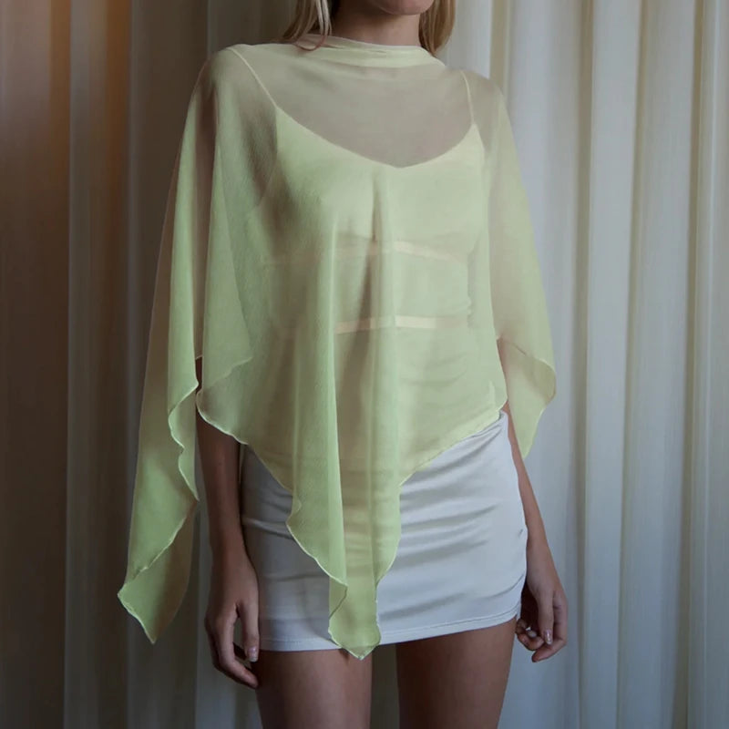Women Mesh Sheer Poncho Crop Tops Y2k Lightweight Pullover Cape Cover Ups Chiffon Dressy Wrap Bolero Shrug Sun Protection