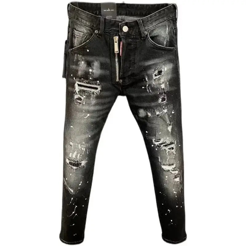 Light Luxury Washed Jeans Men's Trendy Brand Ruffian Handsome Black Ripped Patch Slim Fit Small Feet Casual Long Pants