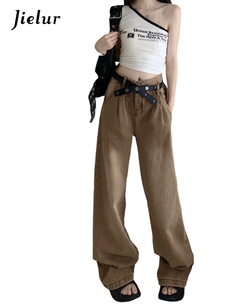 New Solid Color Slim Belt Women Jeans Simple Basic Dark Brown Straight Pants Chicly Fashion Street Casual Loose Woman Jeans