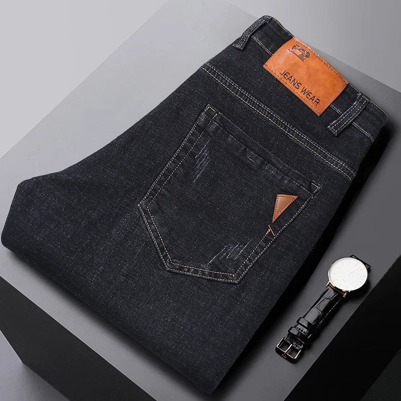 Men Fashion Straight Jeans Mens 2025 New Stretch Slim Fit Pants Comfortable Soft Business Denim Trousers Male Brand Clothing