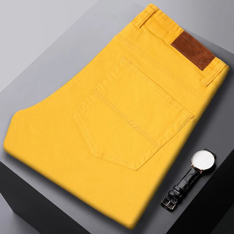 New Autumn Men's Yellow Pink Red Slim Jeans Classic Straight Elasticity Denim Pants Male Brand Stretch Skinny Colorful Trousers