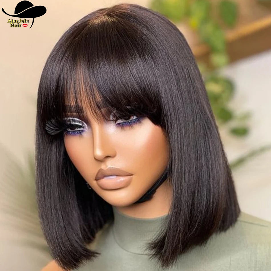 Peruvian Hair Straight Bob Non Lace Wigs 100% Human Hair Wig With Bang Natural Color Short Inch Bob Lace Wig For Black Women
