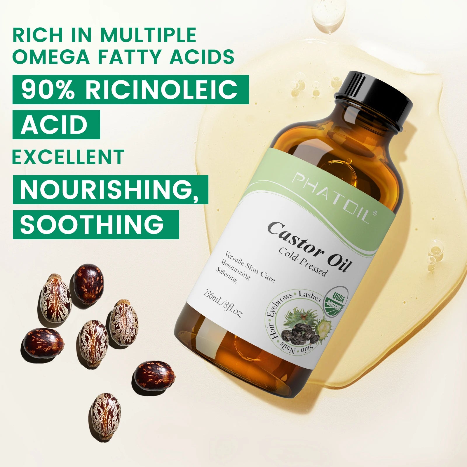 PHATOIL 1PCS 236ML/118ML Pure Castor Oils For Moisturize Skin,Hair Care,Body Massage USDA Cold-Pressed Essential Oil