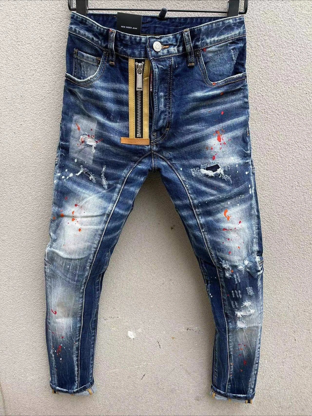 Men Black Ripped Denim Jeans Italian High Street Style Holes Jeans Denim Pants High Quality Male Slim Fit Denim Trousers Size 38