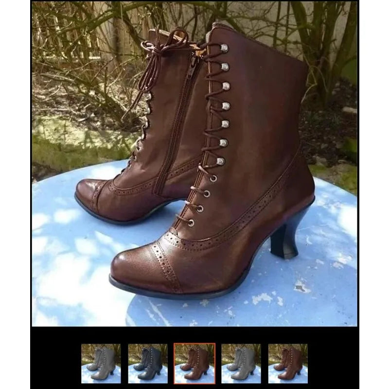 New Women Short Boot PU Leather Bikerboots High Heel Pointed Toe Boots Women's Victorian Boots Retro Botas